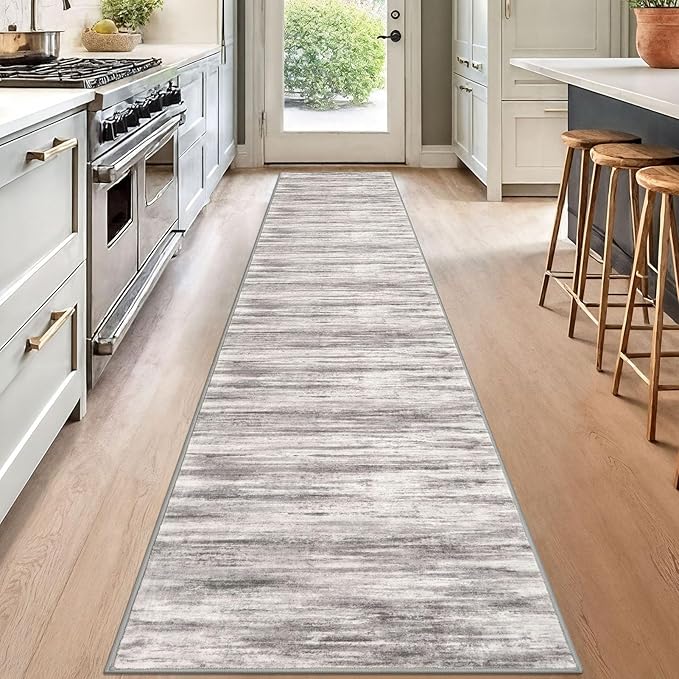 KOZYFLY Modern Abstract Hallway Runner, 2x12 Washable Rug Runner Non-Slip Soft Striped Kitchen Runner Rug, Grey Beige Print Carpet for Entryway Bathroom Laundry Room Foyer