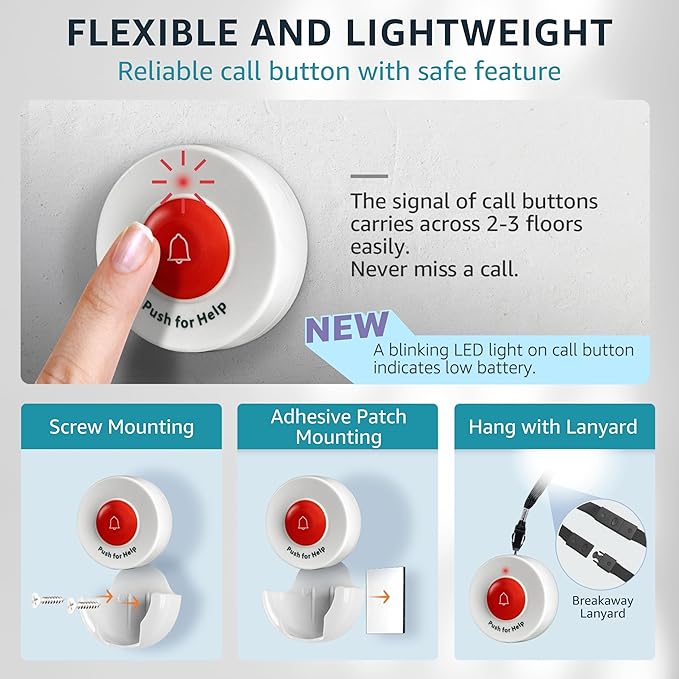 Caregiver Pager Wireless Nurse Call Button for Elderly Home Monitoring Alert System Portable Alarm Bell Seniors Patients Emergency 3 Call Buttons, 2 Pagers