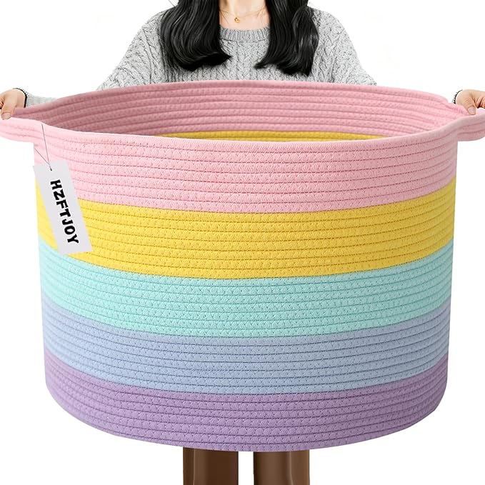 Large Storage Basket with Handle,23.6" x 23.6" x 15.7" Blanket Basket Storage Bins for Organizing,65L Cotton Rope Woven Baskets for Living Room, Nursery ,Bedroom,Colorful
