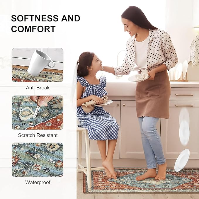 Collive Boho Kitchen Mat 2PCS, Cushioned Anti Fatigue Kitchen Mats for Floor Waterproof Kitchens Rugs Set of 2, Non Slip Comfort Standing Mat for Office, Sink, Laundry, 17"x30"+17"x59"