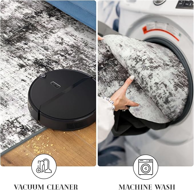Modern Abstract Runner Rug for Bedroom 2x7, Black Grey Washable Kitchen Runner, Non-Slip Soft Thin Faux Wool Mat for Entryway, Hallway, Laundry Room Indoor