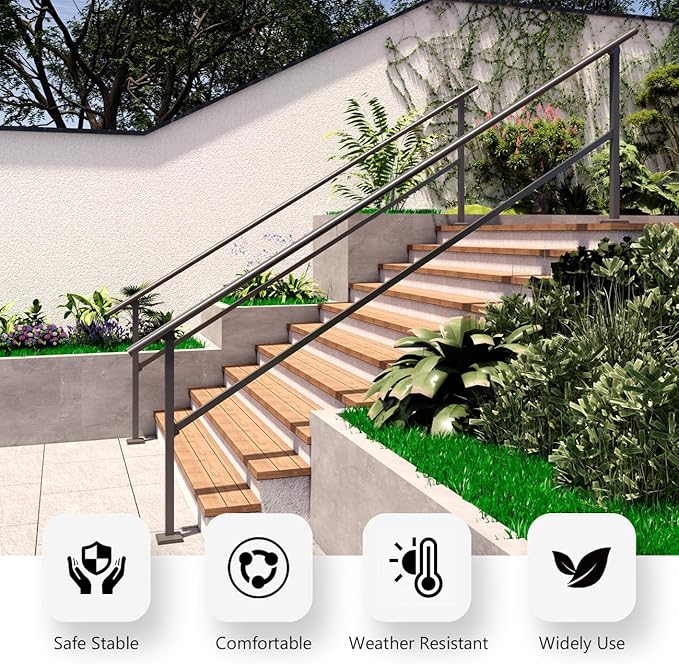 DIYHD 10 Step Handrail for Outdoor,Powder Coated Iron Stair Railing,Black Hand Rails for Indoor, Porch,Deck,2 Pack
