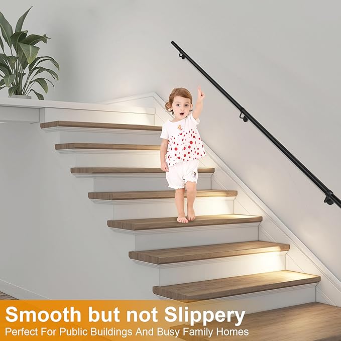 10Ft Industrial Metal Stairs Handrail Kit, Sturdy Wall Mount Aluminum Hand Rail, Indoor Outdoor Stair Railing Wood Concrete Brick Wall,1.5 in Round Pipe Grab Bar, Matte Black-10FT