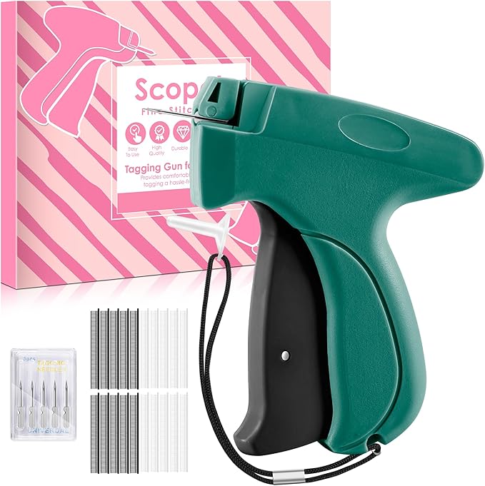 Stitch Gun for Clothes - Handheld Stitch Tag Gun Quick Clothing Fixer - Mini Sewing Kit Micro Tagging Gun - Includes 6 Needle, 1000 Black Fasteners & 1000 White Fasteners (Green-Black)