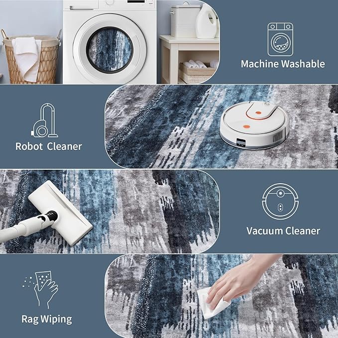 Ciicool Modern Abstract Deep Blue Gray Rug for Living Room, 4'x6' Machine Washable Area Rug Non-Slip Rug, Low-Pile Contemporary Indoor Dining Floor Carpet for Bedroom Office Under Table Home Decor