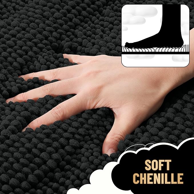 OLANLY Thick Bathroom Rugs 47x20, Extra Soft Absorbent Chenille Striped Bath Rugs, Rubber Backing, Machine Wash Dry, Bath Mats for Bathroom Floor, Tub and Shower, Home Decor Accessories, Black