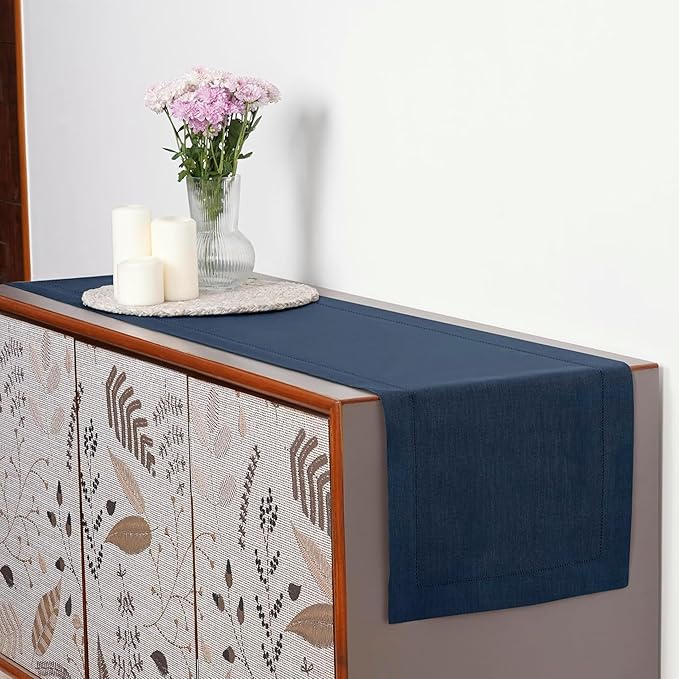 D'Moksha Homes Linen Navy Blue Table Runner 90 Inches Long - Classic Hemstitch 100% Pure Linen Dining Table Runner 14 x 90 Inch for Easter