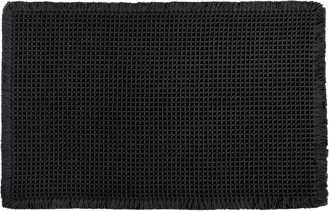 Hiasan Waffle Bath Mat, Super Absorbent Non Slip Bathroom Boho Rug with Tassels, Machine Washable Bath Mats for Bathroom, Ultra Soft Rubber Backed Rug, Black, 24 x 60 Inches