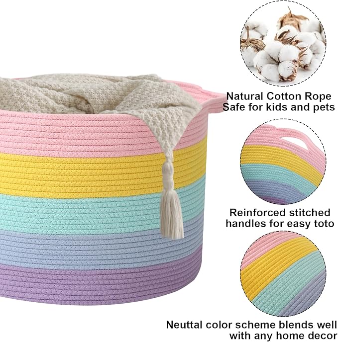 Large Storage Basket with Handle,23.6" x 23.6" x 15.7" Blanket Basket Storage Bins for Organizing,65L Cotton Rope Woven Baskets for Living Room, Nursery ,Bedroom,Colorful