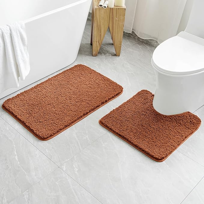 MIULEE Burnt Orange Microfiber Toilet Bath Mat U-Shaped Contour Shaggy Bathroom Rugs Non Slip Extra Thick Soft Bath Rug Absorbent Water for Bathroom Commode Machine Washable(20x24 Inch)