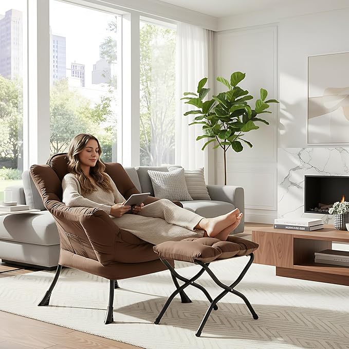 Lazy Chair with Folding Ottoman, Modern Accent Lounge Armchair with Armrests and a Side Pocket & Foldable Footstool, Leisure Reading Chair for Living Room, Bedroom, Dorm & Office, Dark Brown