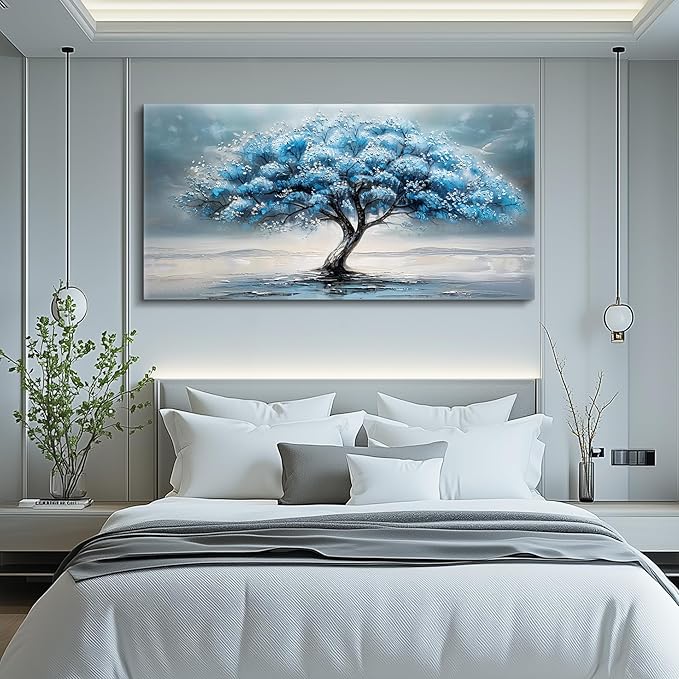 FUHAIHUA Canvas Wall Decor For Living Room Wall Art For Bedroom Large Size Office Decorations Blue Tree Paintings Abstract Wall Pictures Artworks ReadyTo Hang Dormitory Home Decoration 20"X40"