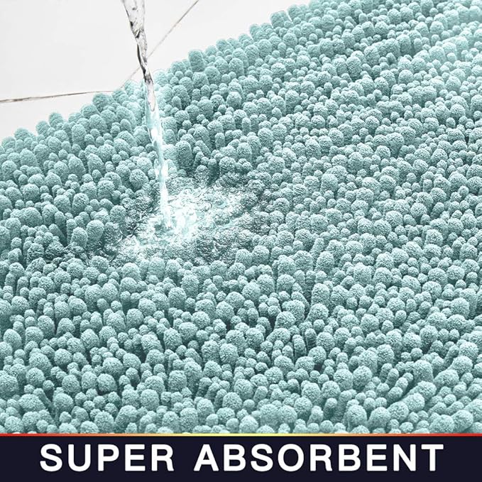 Walensee Bathroom Rug 2 Pieces Set Non Slip Bath Mat (20"x32" Plus 20"x32" spa Blue) Water Absorbent Super Soft Shaggy Chenille Machine Washable Dry Extra Thick Perfect Carpet for Shower Floor