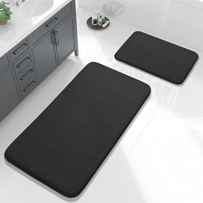Yimobra Large Bath Mat Set 2 Piece- Super Soft Absorbent Quick Dry Memory Foam Bathroom Rugs, Machine Washable Non Slip Floor Carpet for Tub Shower & Double Vanity (17x24 & 44x24, Black)