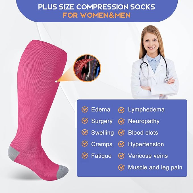 LEVSOX Plus Size Compression Socks for Women Men Wide Calf Extra Large 15-20 mmHg Knee High Sock for Nurses Pregnant Travel