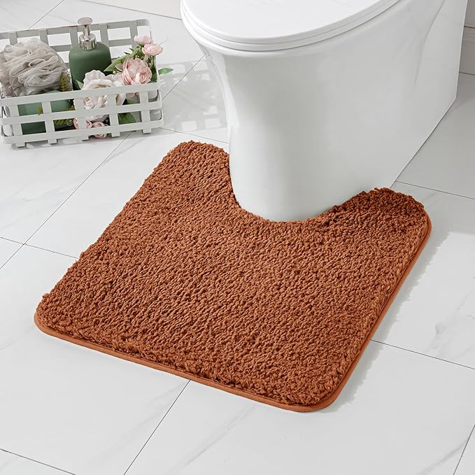 MIULEE Burnt Orange Microfiber Toilet Bath Mat U-Shaped Contour Shaggy Bathroom Rugs Non Slip Extra Thick Soft Bath Rug Absorbent Water for Bathroom Commode Machine Washable(24x24 Inch)