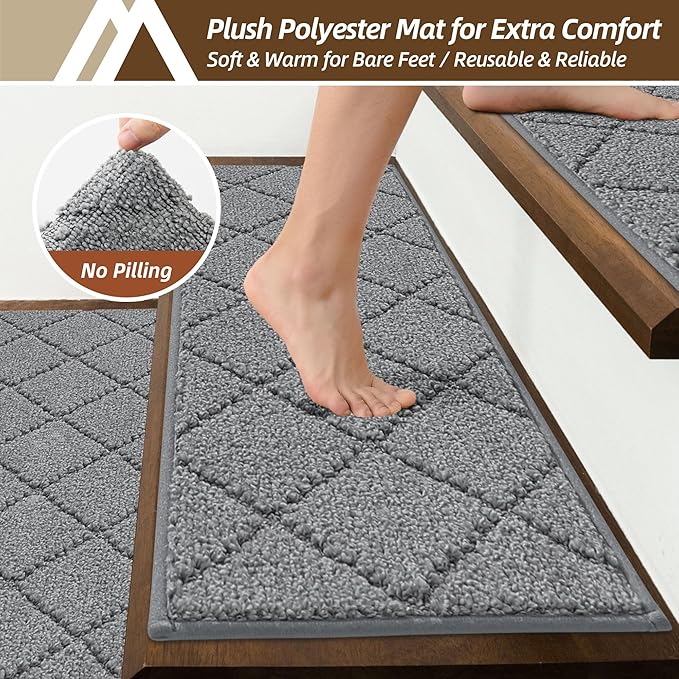 COSY HOMEER Stair Treads for Wooden Steps 9"x28" Washable Indoor Carpet Stair Treads Non Slip Soft Polyester Stair Carpet Tread Reusable Stair Runner Rugs for Kids, Elders,Pets,Medium Grey,10pcs