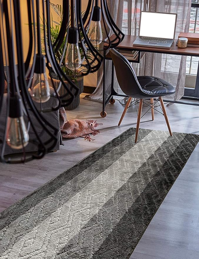 Custom Size Hallway Runner Rug Damask Grey Color 31 inch Wide Select Your Length Non-Slip (Skid Resistance) Rubber Backing 11 feet x 31 inch