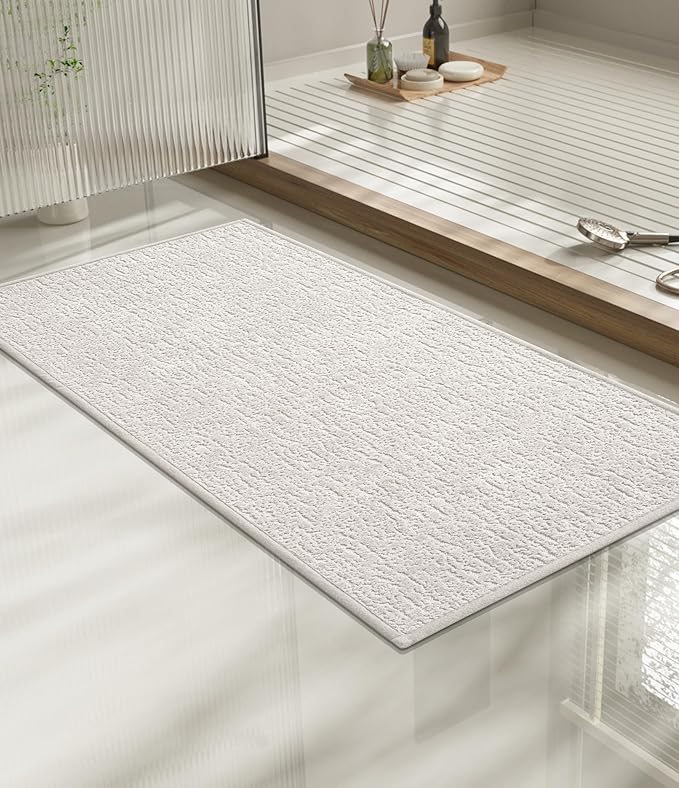 chakme Bathroom Rugs Mat 32x17, Ultra Thin Non Slip Bath Mat Quick Dry Absorbent Bath Mat for Bathroom Floor, (White, 32"x17")