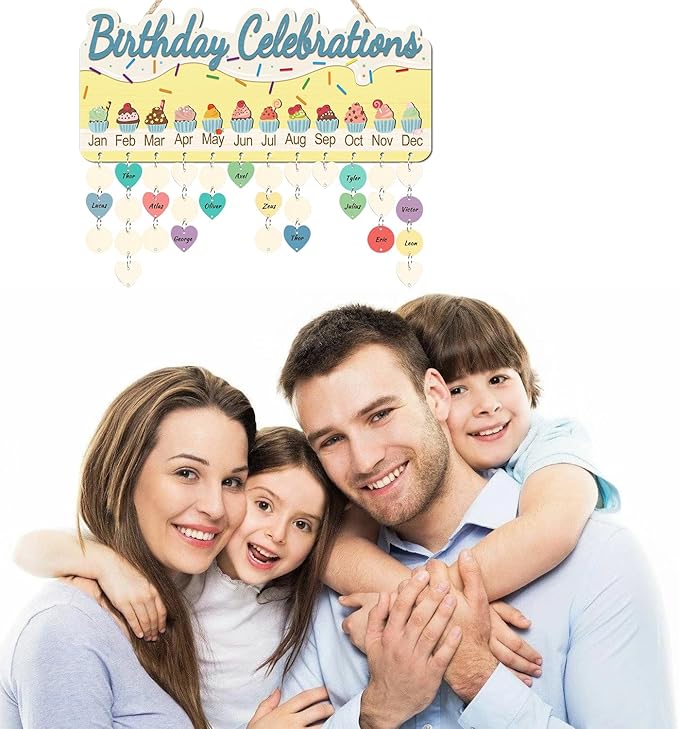 KAlRNE Birthday Calendar Wall Hanging,Family Days Wooden Plaques with Tags,Birthday Celebrations Calendar,Cake Sign Reminder Board,Gifts for Kids Grandparent Anniversary Special Event Classroom Decor