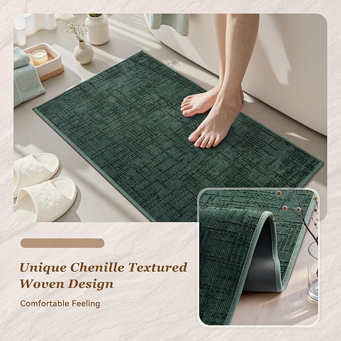 AMOAMI Bath Mat Non Slip Super Absorbent Quick Dry Bath Mats for Bathroom Floor Rubber Backing Washable Bathroom Rugs Modern Woven Jacquard Mat, Beside Tub Bath Rugs, 2' x 5', Green