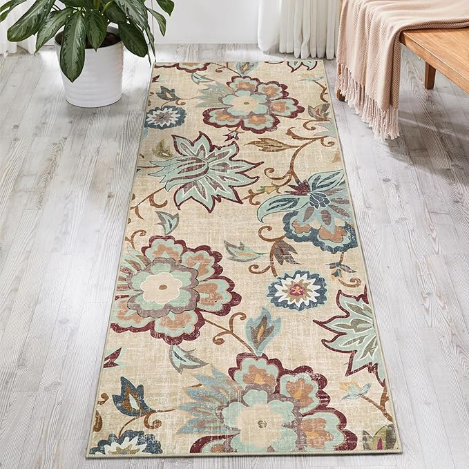 Beeiva Floral Rug Runners for Hallways, 2x5 Ultra Thin Beige Kitchen Runner Rug Washable, Vintage Plant Non-Shedding Bathroom Front Door Rug Non-Slip Hallway Runner Rug for Entryway Bedroom Kitchen
