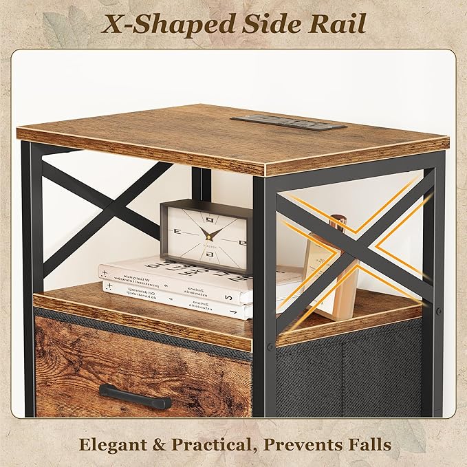 Huuger Nightstands Set of 2, Night Stand with Charger Station, 2 Drawer Side Table with Open Shelf, USB-C Port, End Table for Small Spaces, X Shaped Side Rail, Rustic Brown