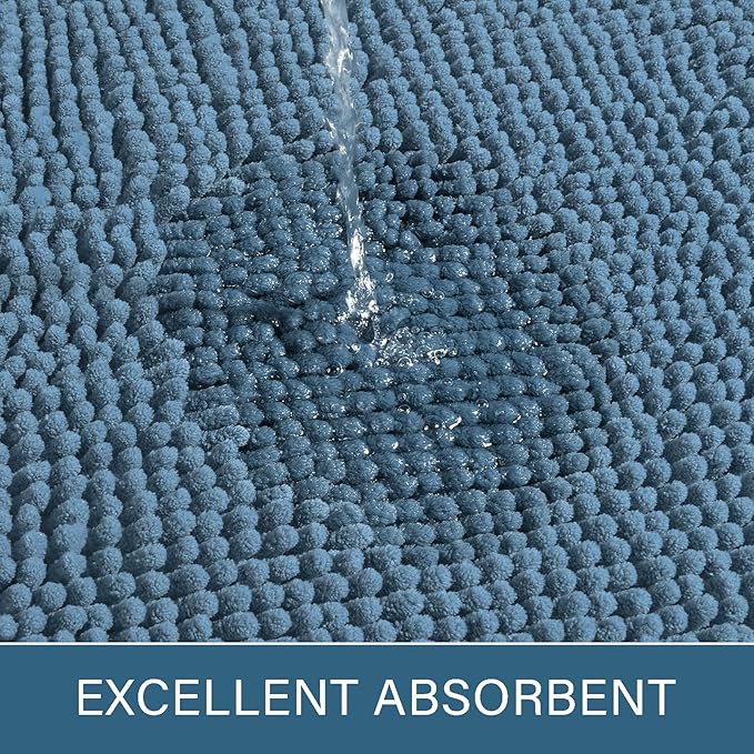 LOCHAS Luxury Bathroom Rug Shaggy Bath Mat 20 x 30 Inch, Washable Non Slip Bath Rugs for Bathroom Shower, Soft Plush Chenille Absorbent Carpets Mats, Denim Blue