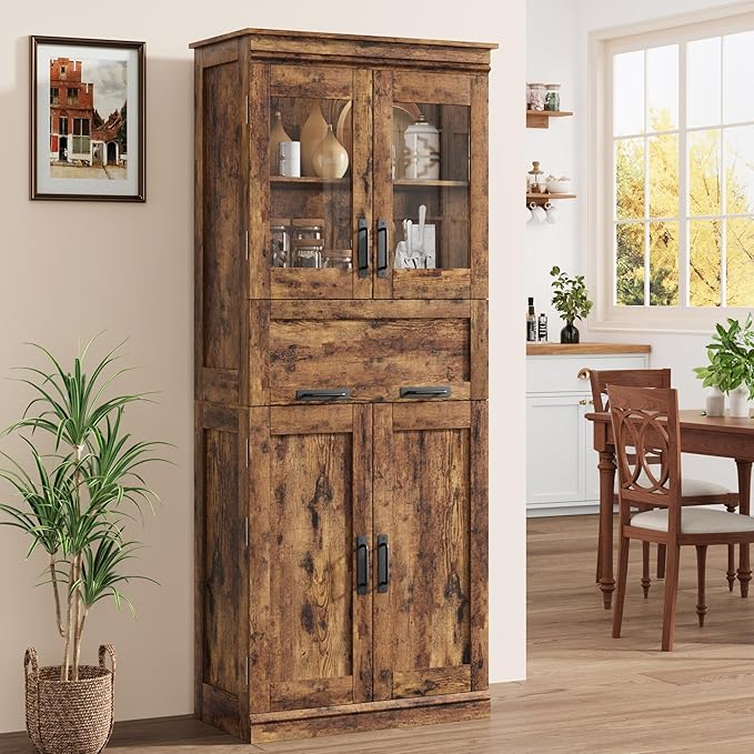 GarveeHome 67" Tall Bathroom Cabinet with 4 Doors & Flip Glass Drawer, Storage Cabinet with Adjustable Shelves, Freestanding Organizer for Kitchen, Living Room (Rustic Brown)