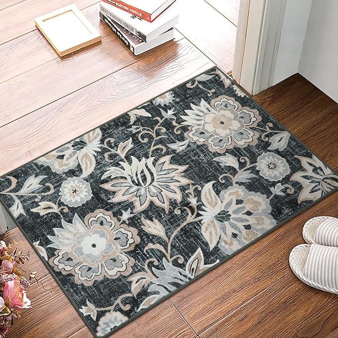 Beeiva Floral Entry Rug 2x3, Washable Kitchen Non Slip Entry Rugs for Inside House, Ultra Thin Vintage Doormat Non-Shedding Small Carpet for Bedroom Entryway Bathroom