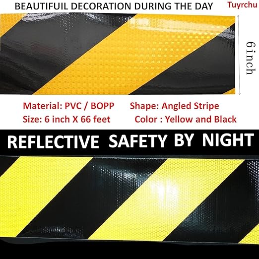 Yellow Black Reflective Tape Outdoor Waterproof 6 inch X 66 feet, High Visibility Hazard Conspicuity Safety Industrial Marking Tape