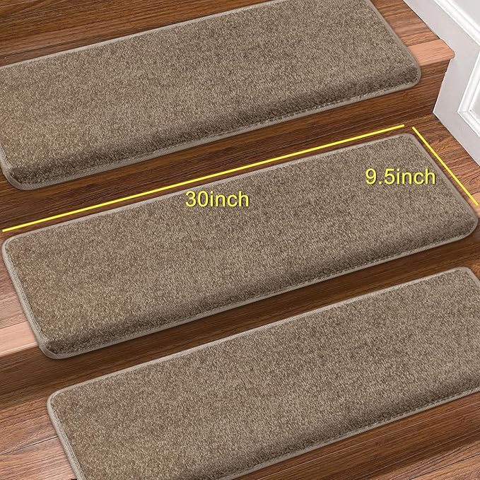 PURE ERA Bullnose Carpet Stair Treads Set Tape Free Non-Slip Indoor Stair Protectors Pet Friendly Rugs Covers Soft Skid Resistant Washable Reusable 9.5" x 30"(7 Pieces, Camel Brown)