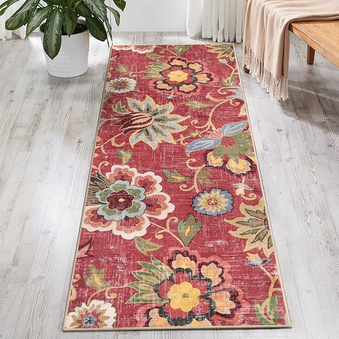 Beeiva Washable Laundry Room Rug Runner, 2x5 Red Ultra Thin Floral Kitchen Rugs Non Slip Washable, Vintage Small Bedside Christmas Rug Runner Lightweight Indoor Carpet for Entryway Bedroom