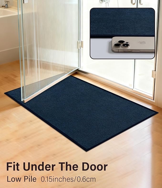 YIHOUSE Bathroom Rugs Mats Sets 5 Pieces, Ultra Thin Bath Mat Absorbent Non Slip Bath Rugs for Bathroom Washable, Shower, Sink, Laundry (Dark Blue, 5 Pieces)