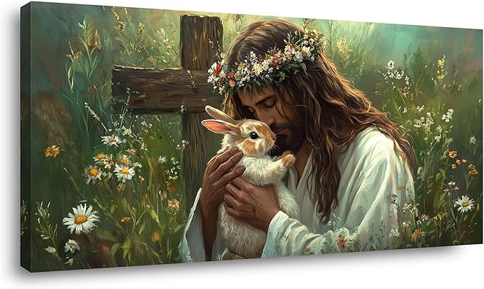 Green Jesus Love Wall Art for Living Room Canvas Painting Prints GOD Embrace Rabbit Bunny Spiritual Faith Crucifix Cross Vintage Art Deco Spring Artwork Office Bedroom Farmhouse Decor Large