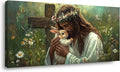 Green Jesus Love Wall Art for Living Room Canvas Painting Prints GOD Embrace Rabbit Bunny Spiritual Faith Crucifix Cross Vintage Art Deco Spring Artwork Office Bedroom Farmhouse Decor Large