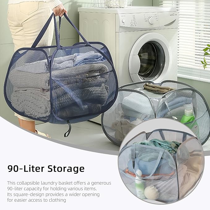 Collapsible Laundry Basket 90L, Foldable Mesh Pop-up Laundry Hamper with Handles, Dirty Clothes Hamper for Laundry with Side Storage Pocket (Green)