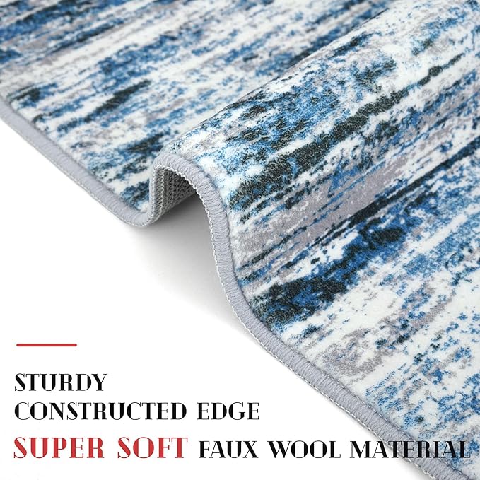 Modern Abstract Bedroom Runner Rug 2x7, Grey Blue White Washable Kitchen Runner, Non-Slip Soft Thin Faux Wool Mat for Entryway, Hallway, Laundry Room, Indoor Home Decor