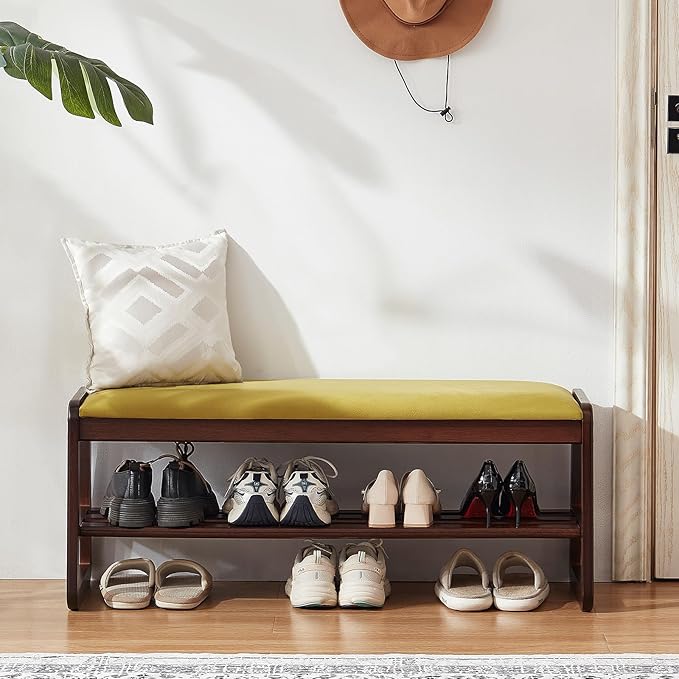 Shoe Rack Bench,2 Tier Wooden Entryway Bench with Shoe Storage, Shoe Rack with Cushion for Living Room, Hallway(Olive Green, 39.4")