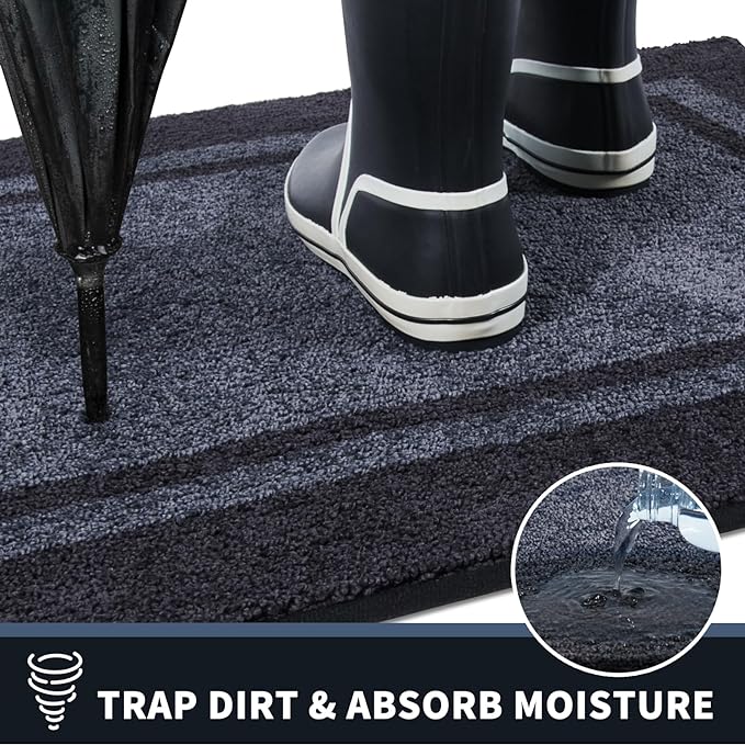 PURRUGS Dirt Trapping Door Mat 20" x 32", Non-Slip/Skid Machine Washable Entryway Rug, Shoes Scraper, Area Rug, Super Absorbent Welcome Mat for Muddy Wet Shoes and Paws, Bluish Grey & Charcoal