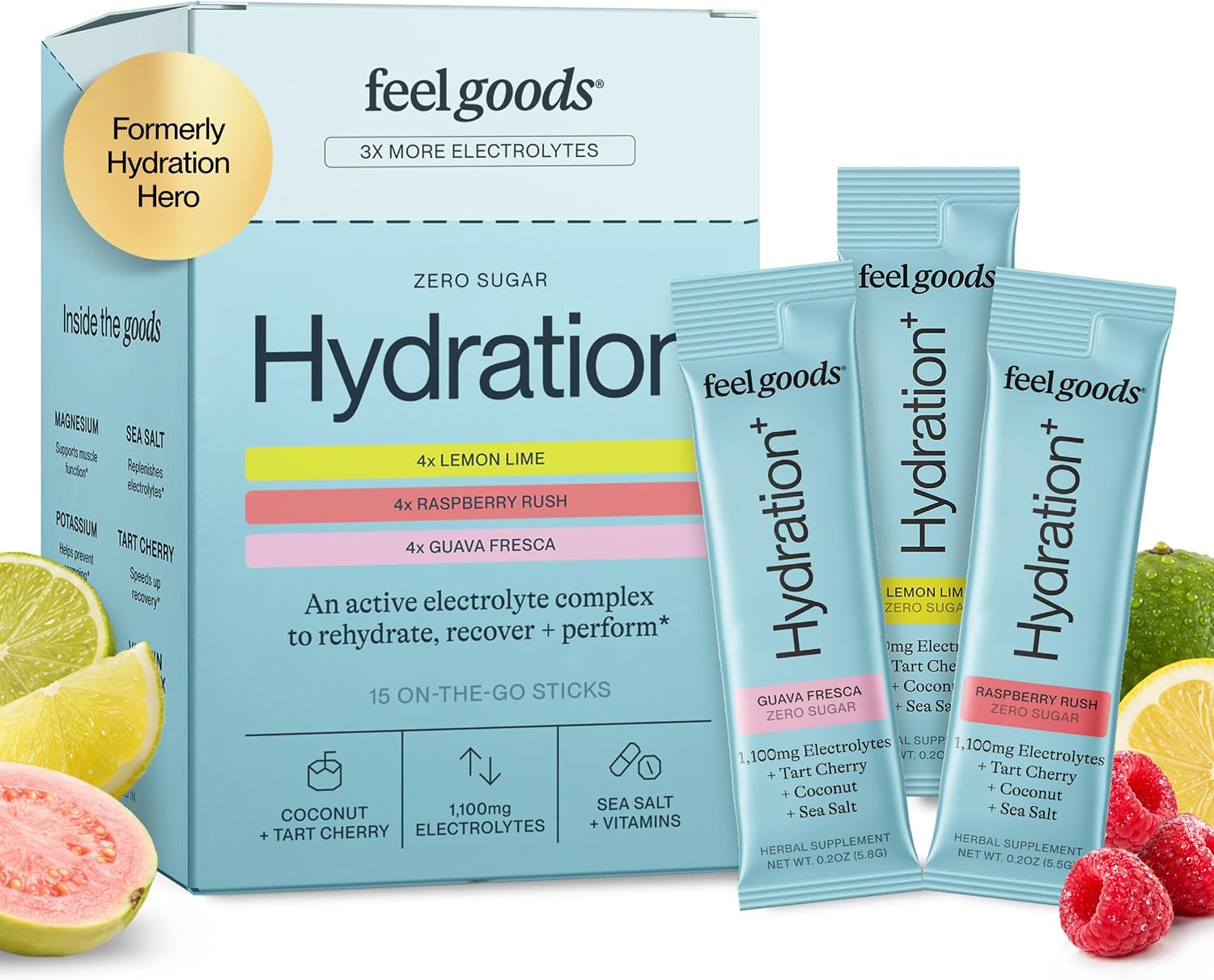 Feel Goods Hydration Hero, Variety Pack, 1,000mg Electrolytes Powder, Sugar Free, Magnesium, Organic Aloe Vera, L Theanine, Vitamin C, Vegan, Non GMO, On The Go Electrolyte Packets, 12 Count