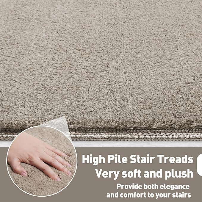PURE ERA Carpet Stair Treads Ultra Plush 9.5" X 30"Soft Bullnose Indoor Stair Protectors Pet-Friendly Non-Slip Skid Resistant Tape Free Washable Reusable(2 Pieces, Cream Gray)