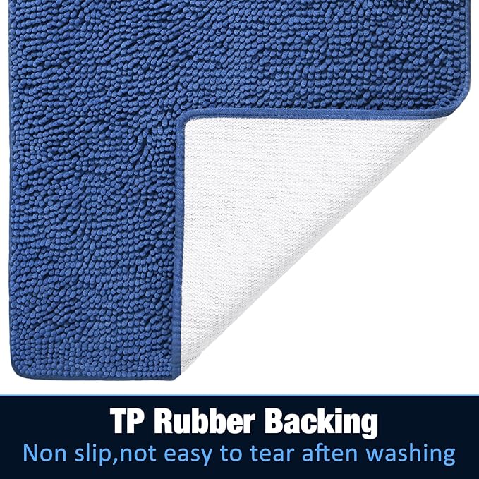 LOCHAS Luxury Bathroom Rug Shaggy Bath Mat 24 x 70 Inch, Washable Non Slip Bath Rugs for Bathroom Shower, Soft Plush Chenille Absorbent Carpets Mats, Blue