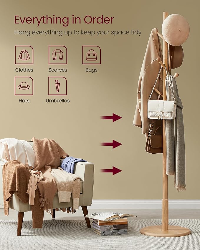 VASAGLE Solid Wood Coat Rack, Free Standing Hall Coat Tree with 7 Hooks, 3 Height Options, for Coats, Hats, Bags, Purses, for Entryway, Hallway, Rubberwood Hooks and Pole, Natural Beige URCR007N01