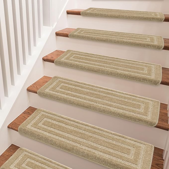 PURE ERA Bullnose Carpet Stair Treads Set Tape Free Non-Slip Indoor Stair Protectors Pet Friendly Rugs 9.5" x 30"(7 Pieces,Khaki Rectangular)