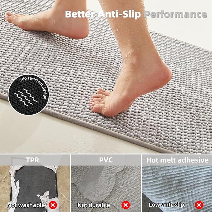 Bathroom Runner Rugs, Long Bath Mat Runner Washable Thin Quick Dry Low Pile Bathroom Runner Rugs Non Slip, Light Grey 24"x70"