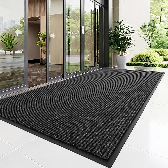 Front Door Mat, 4' x 2' Heavy Duty Indoor Outdoor Door Mat Entrance, Commercial Welcome Mats, Stain and Fade Resistant, Durable Rubber Backing, Low Profile Entry Mat for Patio, Black Stripe