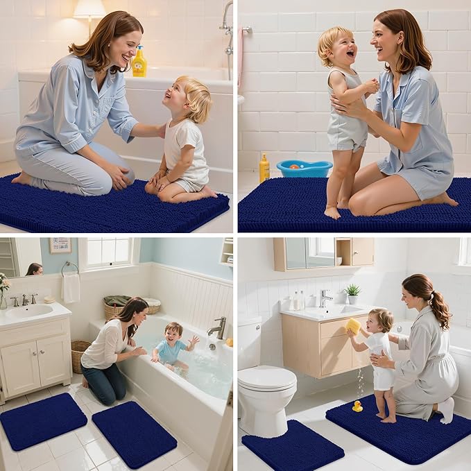 Arotive Bathroom Toilet Rugs U Shaped 24x20, Extra Soft Absorbent Shaggy Chenille Contour Bath Rugs for Toilet, Machine Washable Non-Slip Contoured Bath Mats, Navy