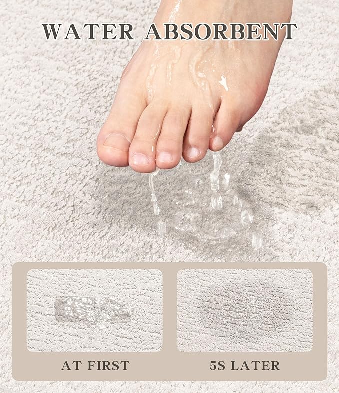 chakme 2 Piece Bathroom Rug Set, Ultra Thin Bath Mat, Absorbent, Non Slip, Machine Washable, White, 17" x 24"