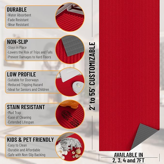 Ottomanson 2' x 55' Hallway Runner with Scraper Pile - Extra Durable Non-Slip Rug Mat for Indoor & Outdoor Use - Ideal for Kitchen, Entryway, Patio & Garage - High-Traffic Carpet, Red